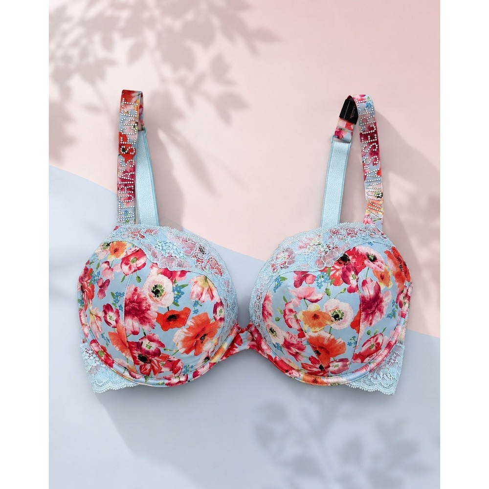 Victoria's Secret Very Sexy Floral Logo Shine Strap Push-Up Bra 34D NWOT
